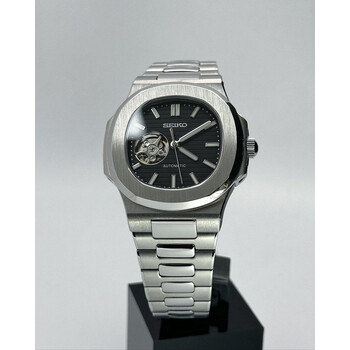 Custom Seiko Mod • Black Open Heart Silver Nautilus • 40mm